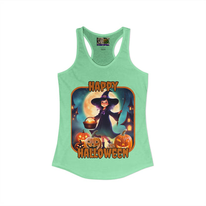 Happy Halloween Little Witch Orange font Women's Racerback Tank Top by CreepyCrafts.boo
