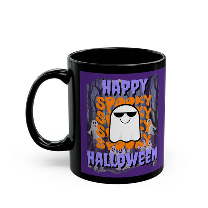 Spooky Happy Halloween Ghost Purple font Purple Mug by CreepyCrafts.boo