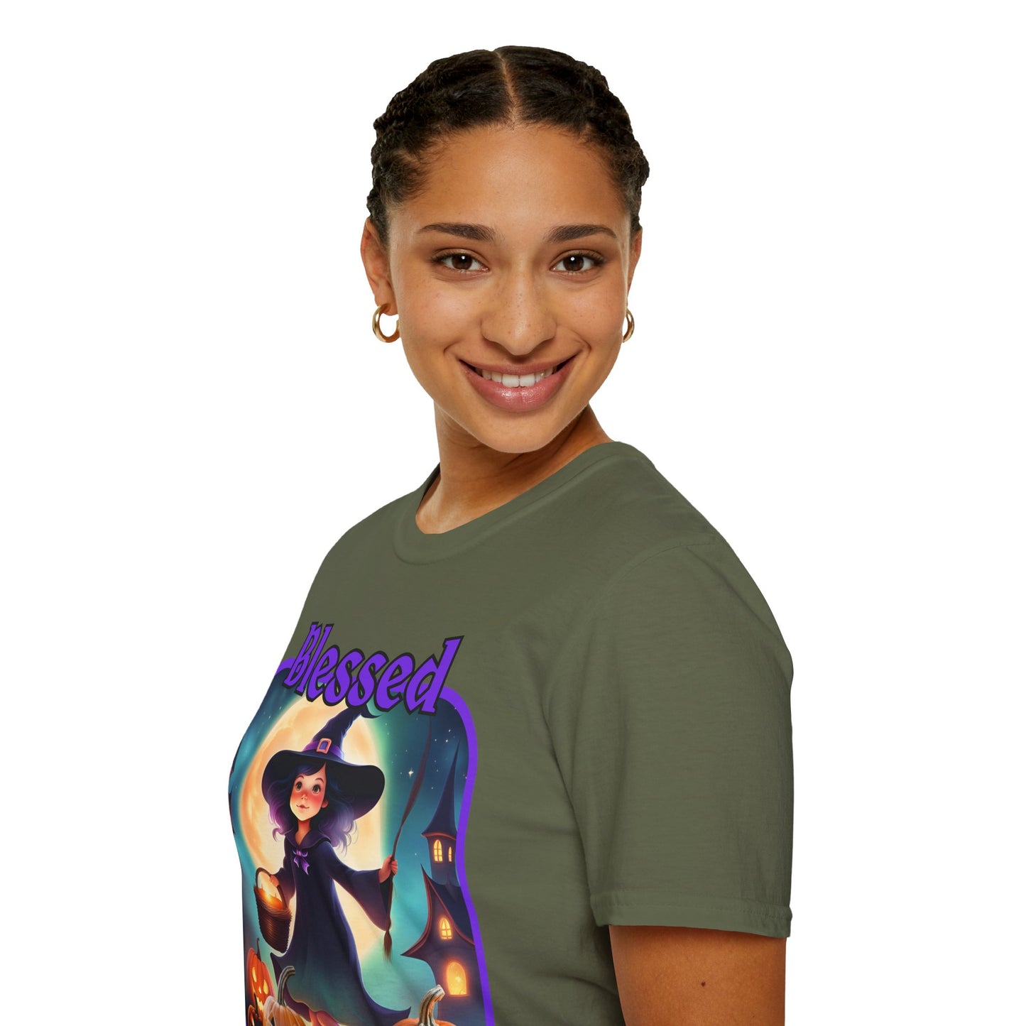 Blessed Samhain Little Witch Purple font Dark colors Unisex T-Shirt by CreepyCrafts.boo
