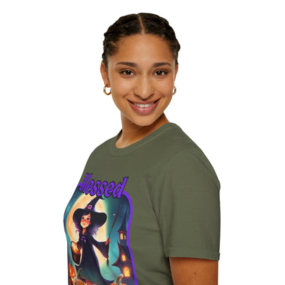 Blessed Samhain Little Witch Purple font Dark colors Unisex T-Shirt by CreepyCrafts.boo
