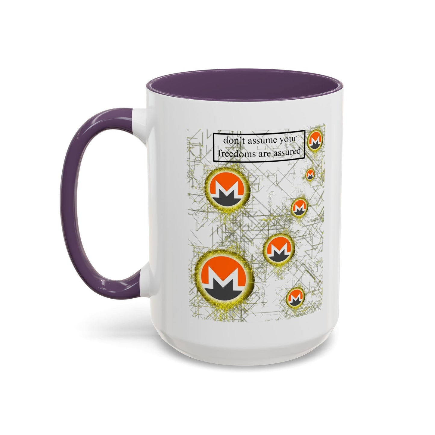 Monero (XMR) don't assume your freedoms are assured White Accent Mug by cypherpunkgear.com