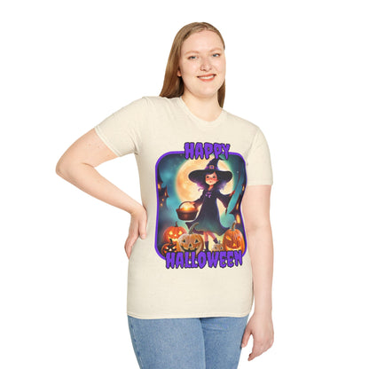 Happy Halloween Little Witch Purple font, Light colors, Unisex T-Shirt by CreepyCrafts.boo