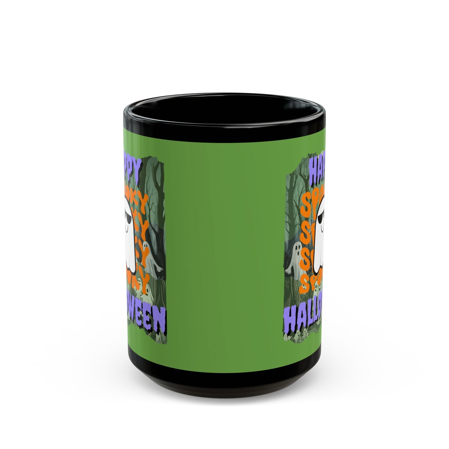 Spooky Happy Halloween Ghost Purple font Green Mug by CreepyCrafts.boo