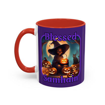 Blessed Samhain Cute Witch Purple font Purple Accent Mug by CreepyCrafts.boo