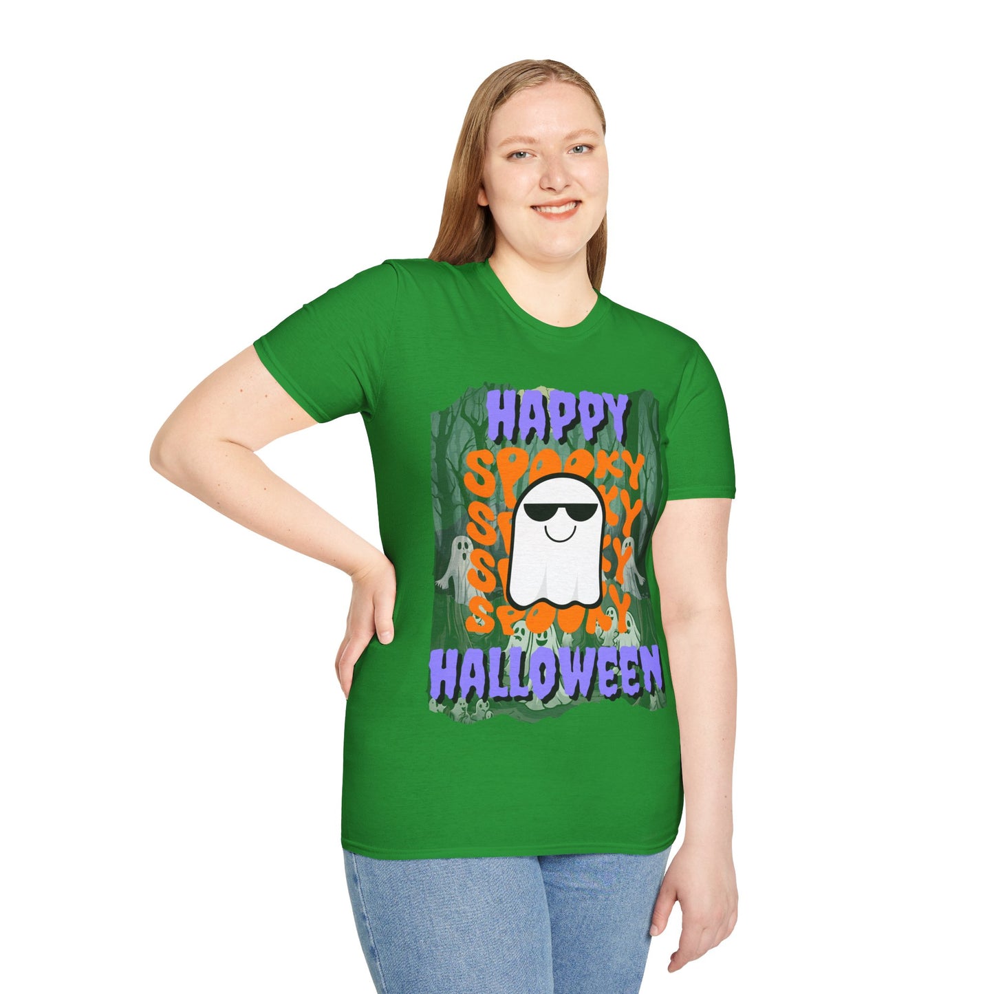 Spooky Happy Halloween Ghost Dark colors Purple font Unisex T-Shirt by CreepyCrafts.boo