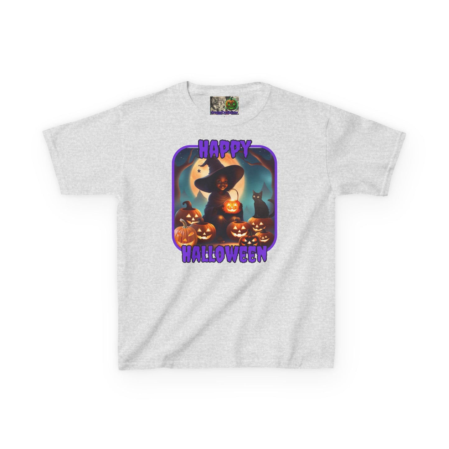 Happy Halloween Cute Witch Purple font Kids Heavy Cotton™ Tee by CreepyCrafts.boo