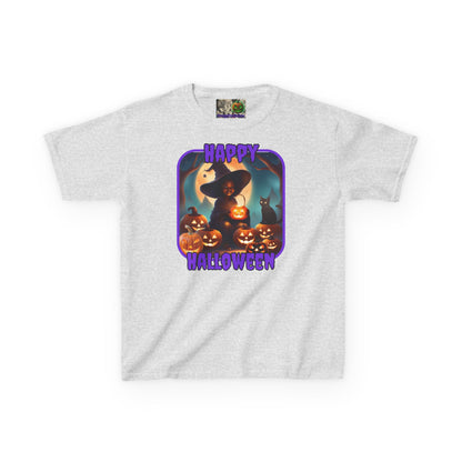 Happy Halloween Cute Witch Purple font Kids Heavy Cotton™ Tee by CreepyCrafts.boo