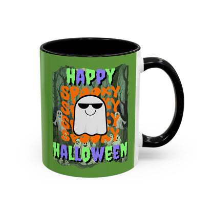 Spooky Happy Halloween Ghost Mixed font Green Accent Mug by CreepyCrafts.boo