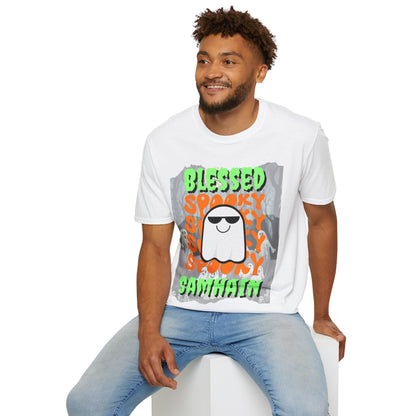 Spooky Blessed Samhain Ghost Green font Unisex T-Shirt by CreepyCrafts.boo