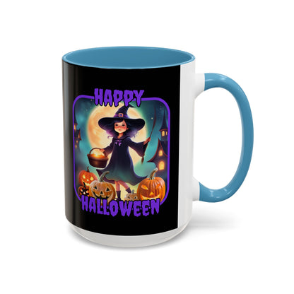 Happy Halloween Little Witch Purple font Black Accent Mug by CreepyCrafts.boo