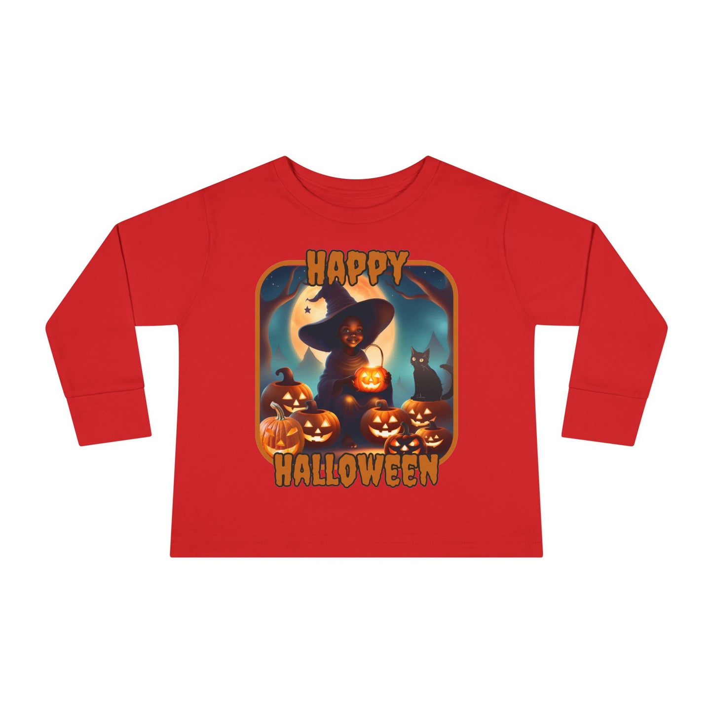 Happy Halloween Cute Witch Orange font Toddler Long Sleeve Tee by CreepyCrafts.boo