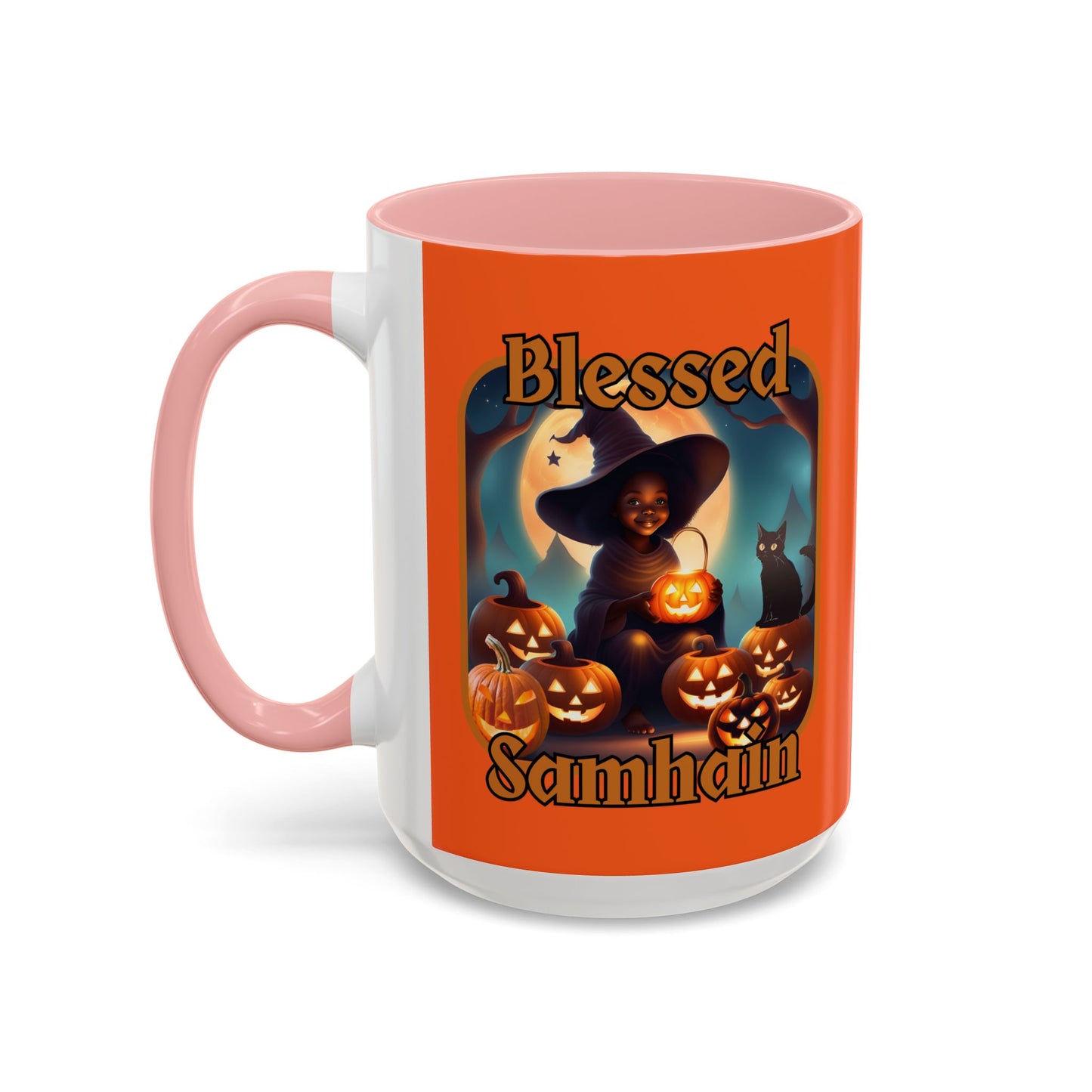 Blessed Samhain Cute Witch Orange font Orange Accent Mug by CreepyCrafts.boo