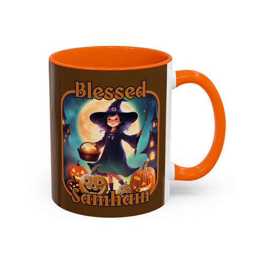 Blessed Samhain Little Witch Orange font Brown Accent Mug by CreepyCrafts.boo