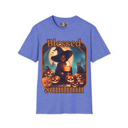 Blessed Samhain Cute Witch Orange font Light colors Unisex T-Shirt by CreepyCrafts.boo