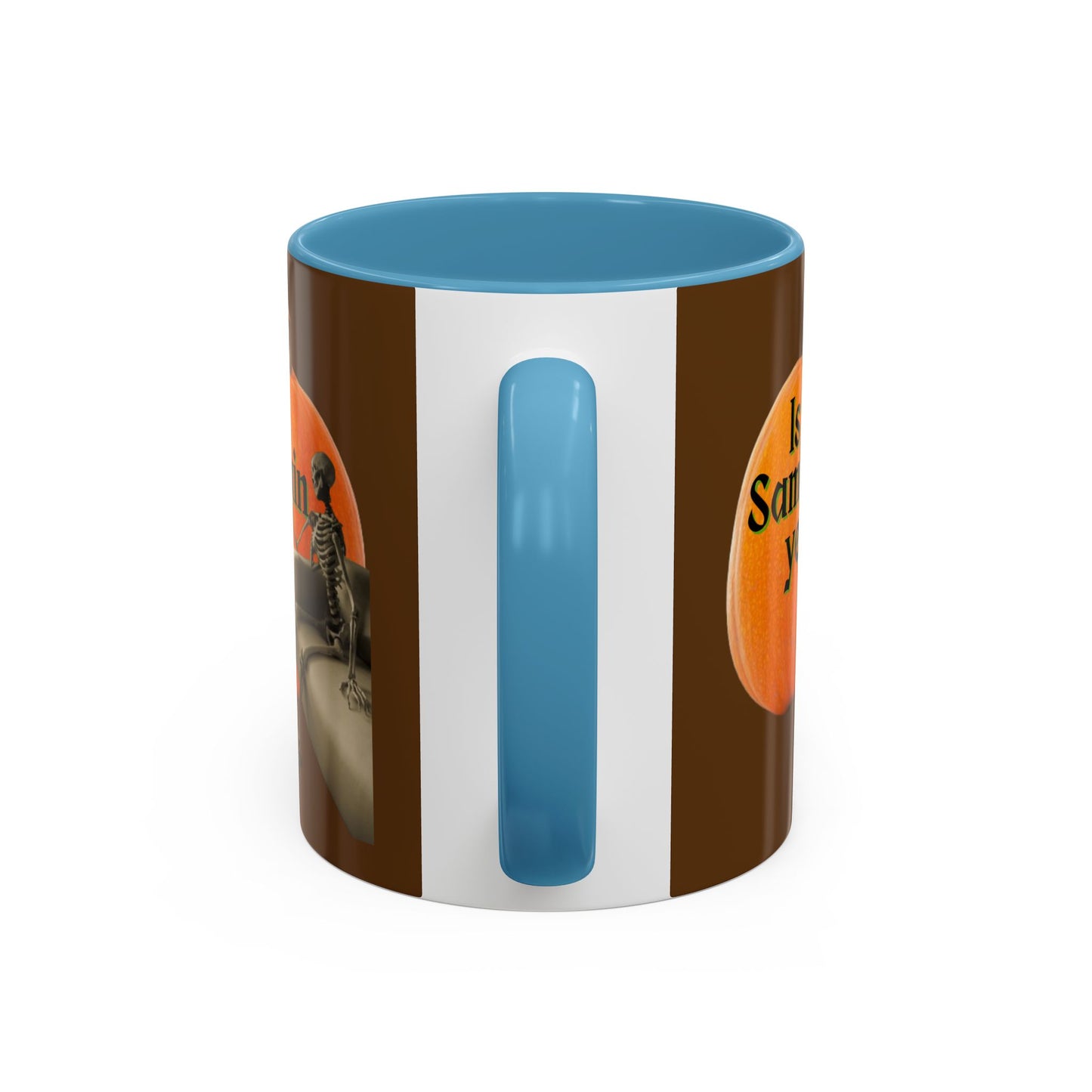 Is It Samhain Yet? Skeleton's Giant Pumpkin Brown Accent Mug by CreepyCrafts.boo