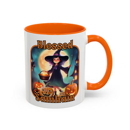 Blessed Samhain Little Witch Orange font White Accent Mug by CreepyCrafts.boo