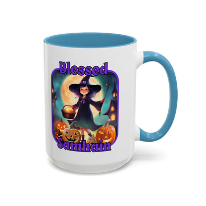 Blessed Samhain Little Witch Purple font White Accent Mug by CreepyCrafts.boo