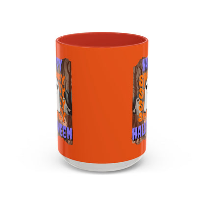 Spooky Happy Halloween Ghost Purple font Orange Accent Mug by CreepyCrafts.boo