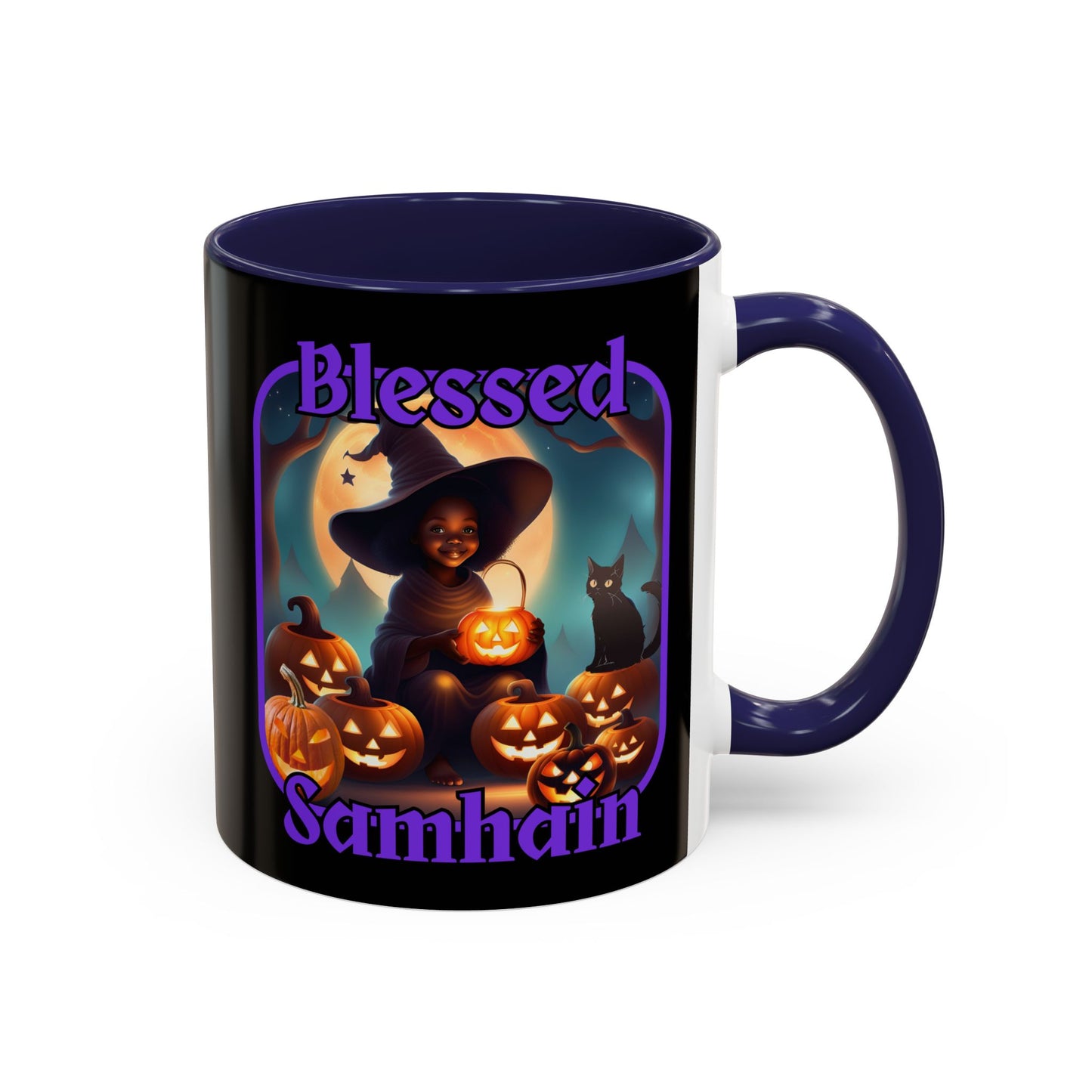 Blessed Samhain Cute Witch Purple font Black Accent Mug by CreepyCrafts.boo