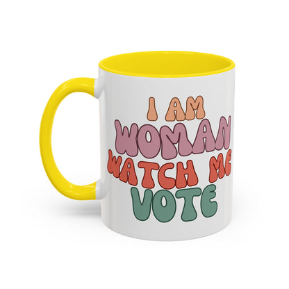 I Am Woman Watch Me Vote White Accent Mug by cypherpunkgear.com