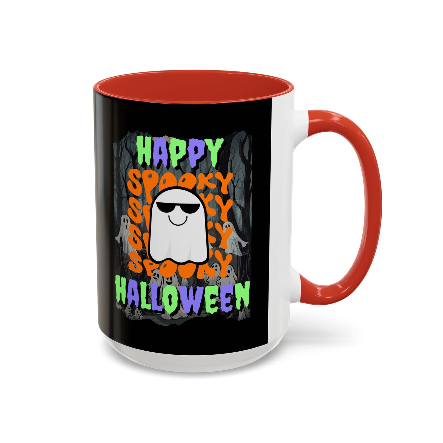 Spooky Happy Halloween Ghost Mixed font Black Accent Mug by CreepyCrafts.boo
