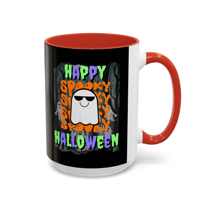 Spooky Happy Halloween Ghost Mixed font Black Accent Mug by CreepyCrafts.boo