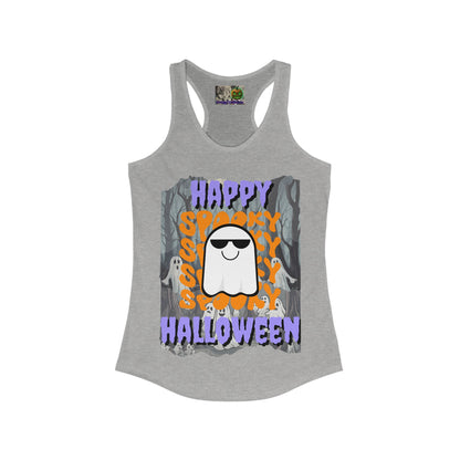 Spooky Happy Halloween Ghost Purple font Women's Racerback Tank Top by CreepyCrafts.boo