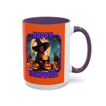 Happy Halloween Cute Witch Purple font Orange Accent Mug by CreepyCrafts.boo