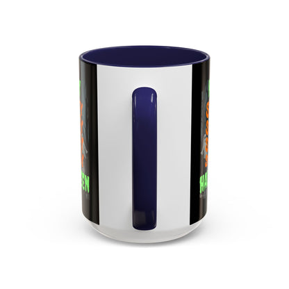 Spooky Happy Halloween Ghost Green font Black Accent Mug by CreepyCrafts.boo