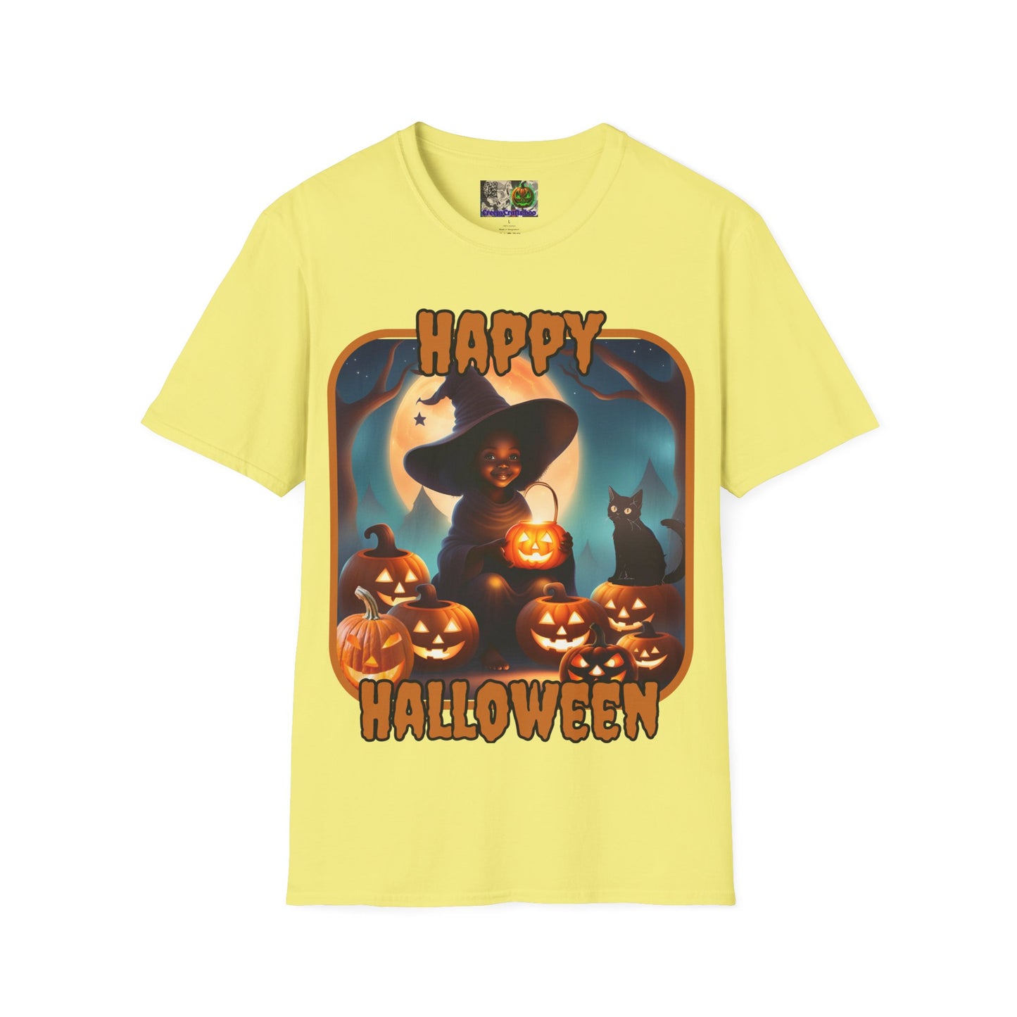Happy Halloween Cute Witch Orange font, Light colors, Unisex T-Shirt by CreepyCrafts.boo