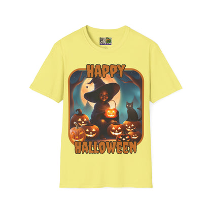 Happy Halloween Cute Witch Orange font, Light colors, Unisex T-Shirt by CreepyCrafts.boo