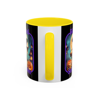 Blessed Samhain Little Witch Purple font Black Accent Mug by CreepyCrafts.boo