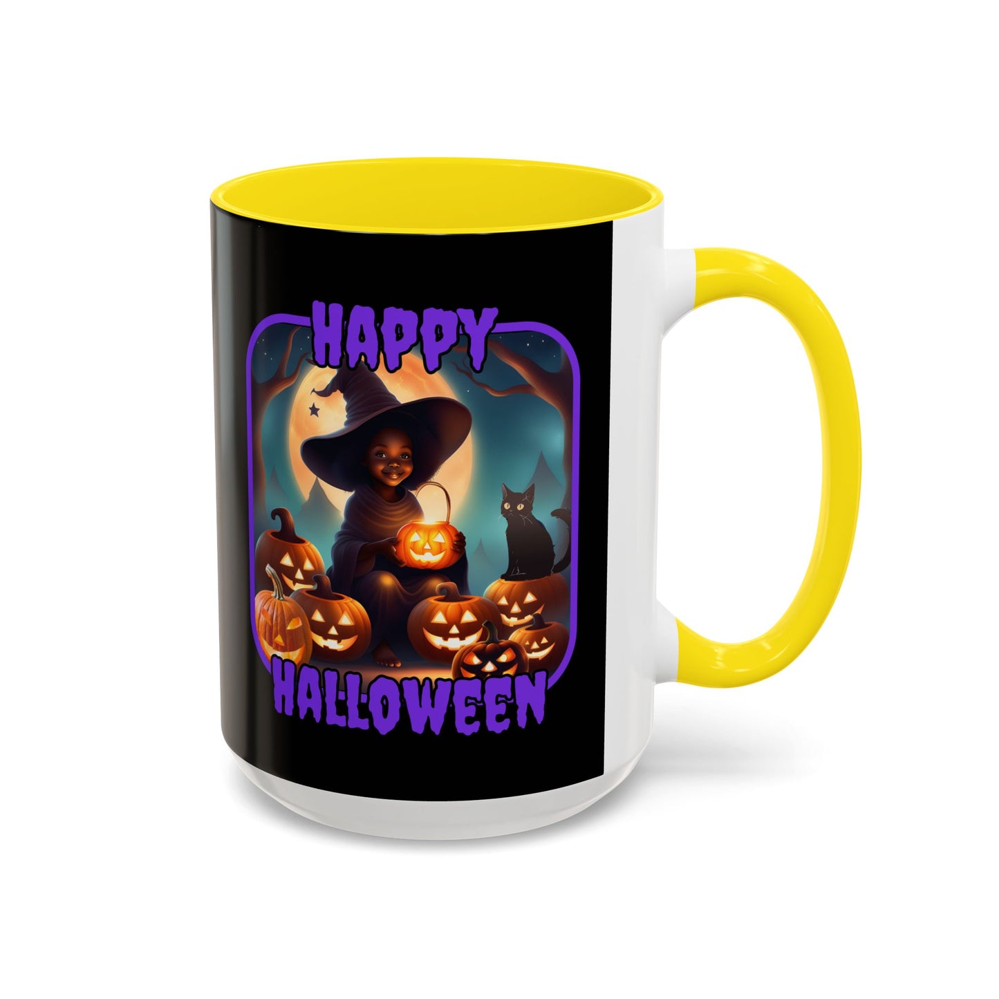 Happy Halloween Cute Witch Purple font Black Accent Mug by CreepyCrafts.boo