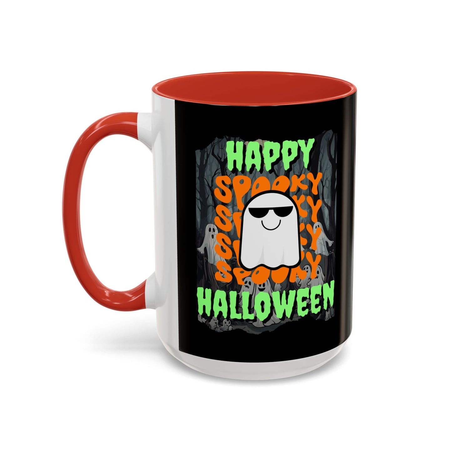 Spooky Happy Halloween Ghost Green font Black Accent Mug by CreepyCrafts.boo