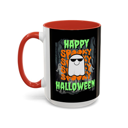 Spooky Happy Halloween Ghost Green font Black Accent Mug by CreepyCrafts.boo