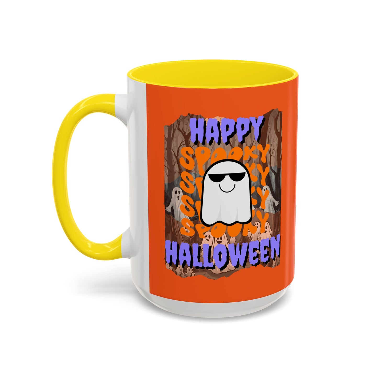 Spooky Happy Halloween Ghost Purple font Orange Accent Mug by CreepyCrafts.boo