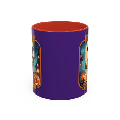 Blessed Samhain Little Witch Orange font Purple Accent Mug by CreepyCrafts.boo