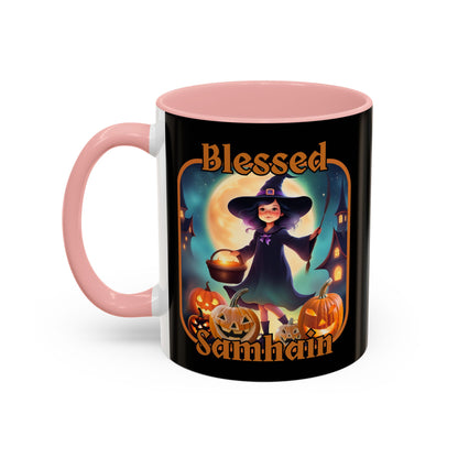 Blessed Samhain Little Witch Orange font Black Accent Mug by CreepyCrafts.boo