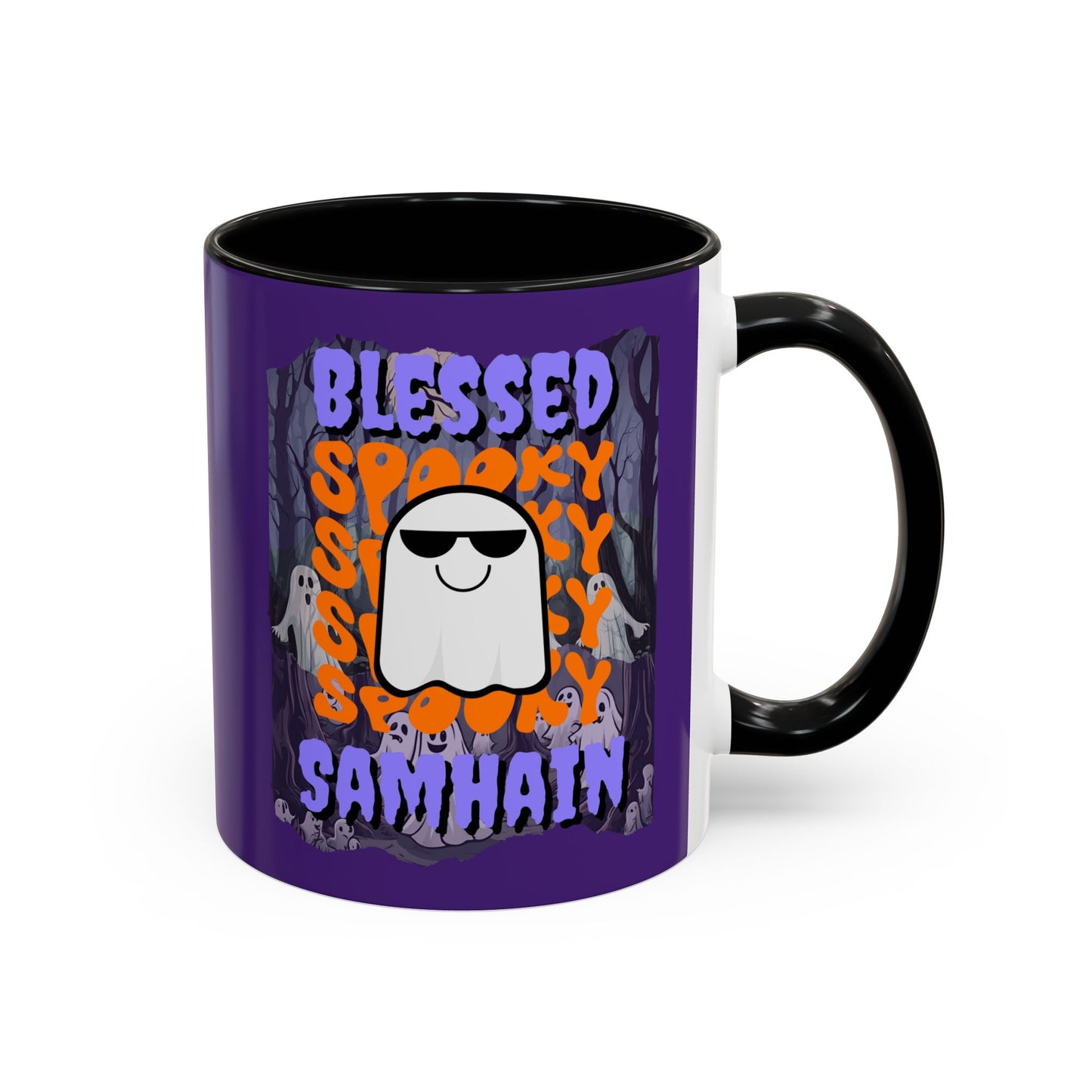 Spooky Blessed Samhain Ghost Purple font Accent Mug by CreepyCrafts.boo
