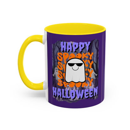 Spooky Happy Halloween Ghost Purple font Purple Accent Mug by CreepyCrafts.boo