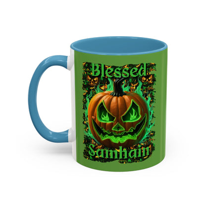Blessed Samhain Green Jack Green Accent Mug by CreepyCrafts.boo