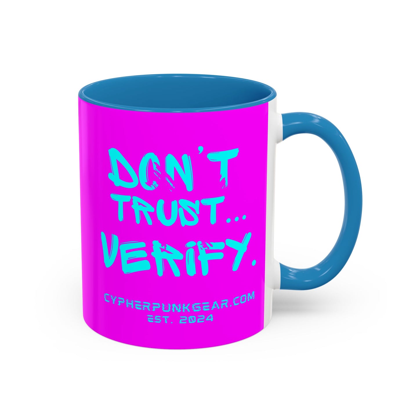 Don't Trust...Verify. Electric Magenta Accent Mug by cypherpunkgear.com