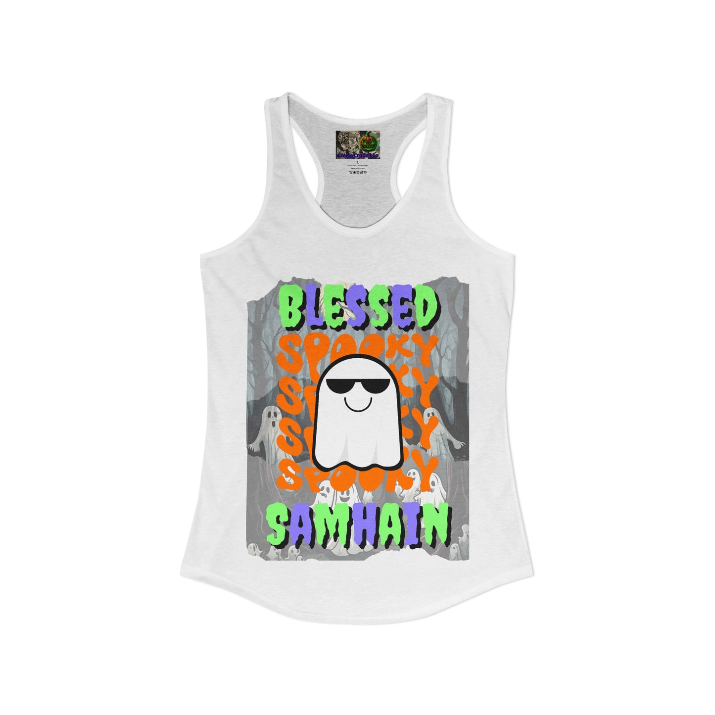 Spooky Blessed Samhain Ghost Mixed font Women's Racerback Tank Top by CreepyCrafts.boo