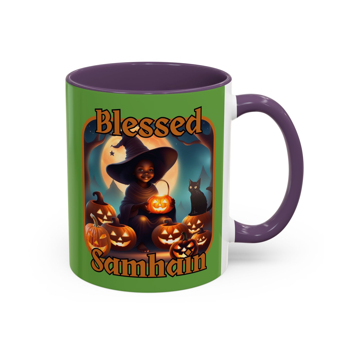 Blessed Samhain Cute Witch Orange font Green Accent Mug by CreepyCrafts.boo