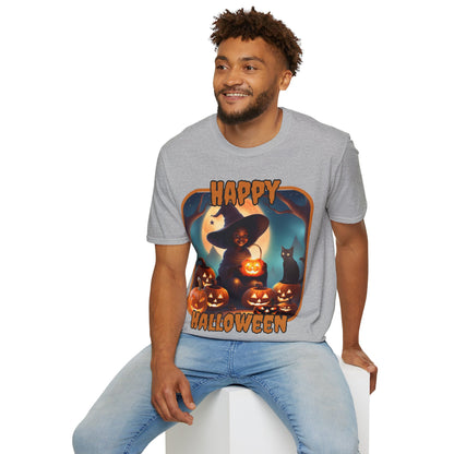 Happy Halloween Cute Witch Orange font, Light colors, Unisex T-Shirt by CreepyCrafts.boo