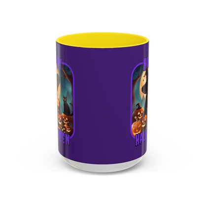 Happy Halloween Cute Witch Purple font Purple Accent Mug by CreepyCrafts.boo