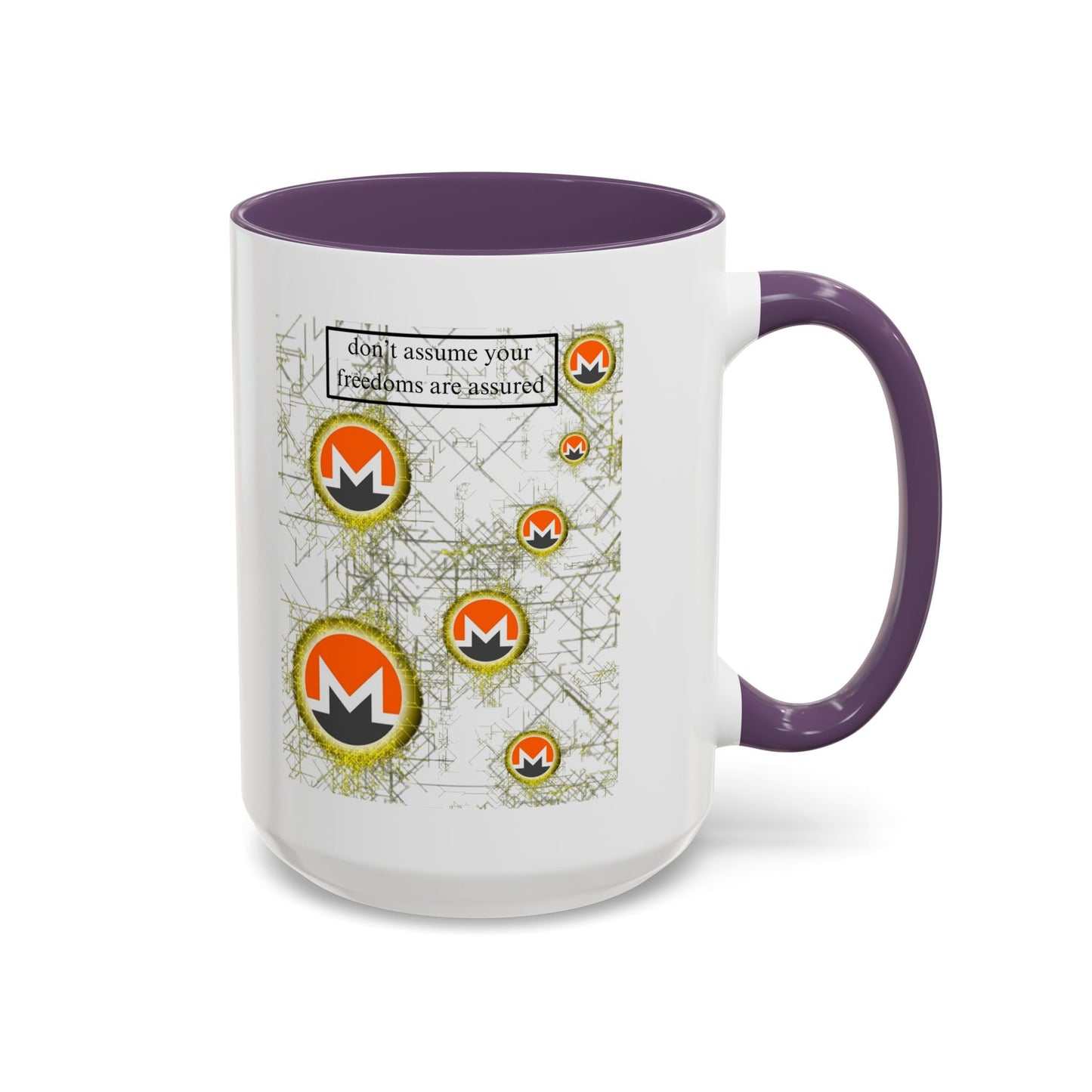 Monero (XMR) don't assume your freedoms are assured White Accent Mug by cypherpunkgear.com