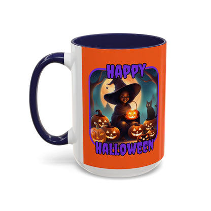 Happy Halloween Cute Witch Purple font Orange Accent Mug by CreepyCrafts.boo