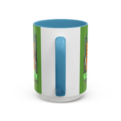 Spooky Happy Halloween Ghost Green font Green Accent Mug by CreepyCrafts.boo