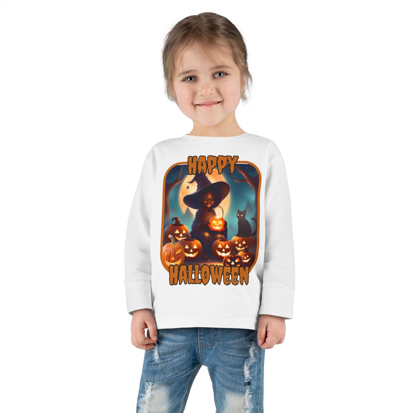 Happy Halloween Cute Witch Orange font Toddler Long Sleeve Tee by CreepyCrafts.boo